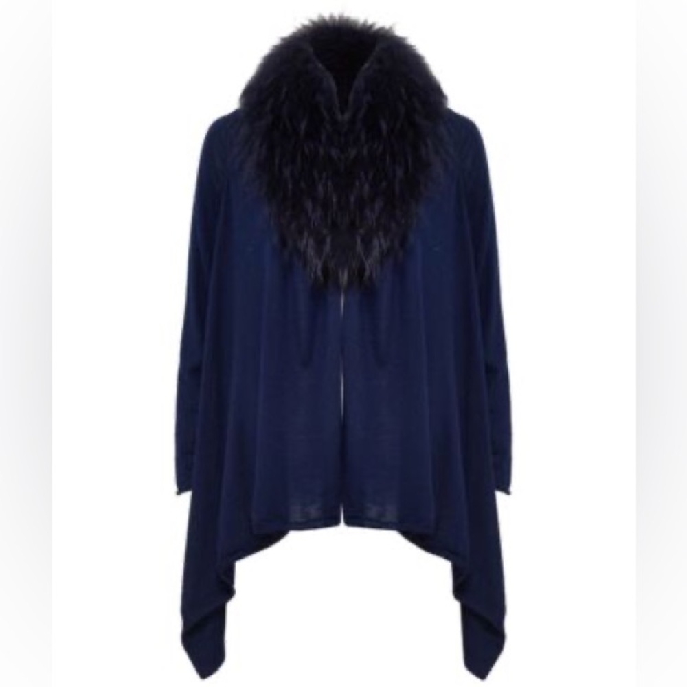 Alice and Olivia Fur Trim Cashmere Cardigan | Navy / XS